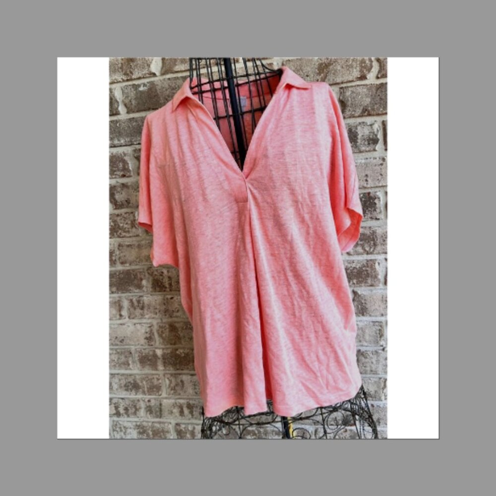Chicos Top Size 1 Medium Linen Tangerine V Neck Pullover Collared Casual READ
